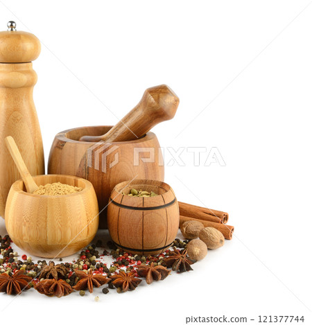 Pepper grinder mill, mortar, pestle and spice set isolated on white. Pepper grinder mill, mortar, pestle and spice set isolated on white. 121377744