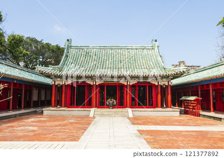 Building view of the Koxinga Shrine(Yanping Junwang Temple) in Tainan, Taiwan, is the only Fujianese-style shrine in Taiwan. Building view of the Koxinga Shrine(Yanping Junwang Temple) in Tainan, Taiwan, is the only Fujianese-style shrine in Taiwan. 121377892
