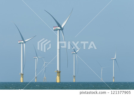 View of the Offshore wind power systems off the western coast of Taiwan. 121377905