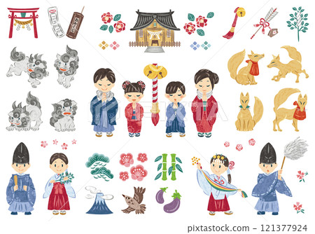 January New Year's Day Family going to the shrine for the first visit of the year Illustration set 121377924