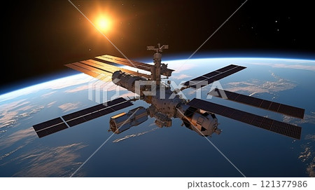 International Research Space Station in Earth's orbit. To look beyond the horizon and the knowledge of outer space is the desire in the development of humanity. 121377986
