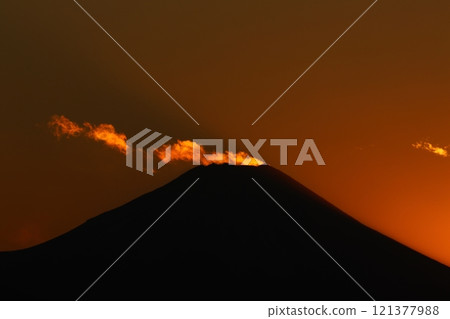 Mount Fuji with its clouds dyed in the smoky sunset Mount Fuji with its clouds dyed in the smoky sunset 121377988