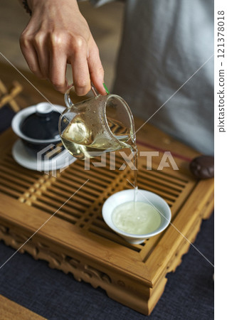 Join the Traditional Tea Ceremony, highlighting the Elegant Pouring Technique for tranquility Join the Traditional Tea Ceremony, highlighting the Elegant Pouring Technique for tranquility 121378018