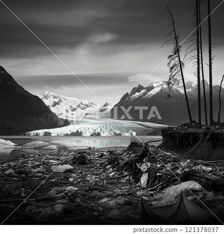 Illegally dumped garbage washes onto a glacier Illegally dumped garbage washes onto a glacier 121378037