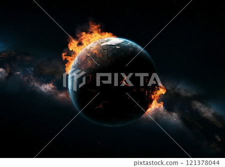 Earth is engulfed in flames and collapsing due to environmental destruction caused by global warming 121378044