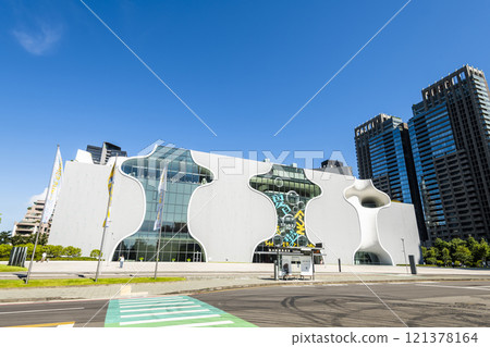 Modern building view of the National Taichung Theater in Taiwan. This is the only national performing arts center in central Taiwan. 121378164