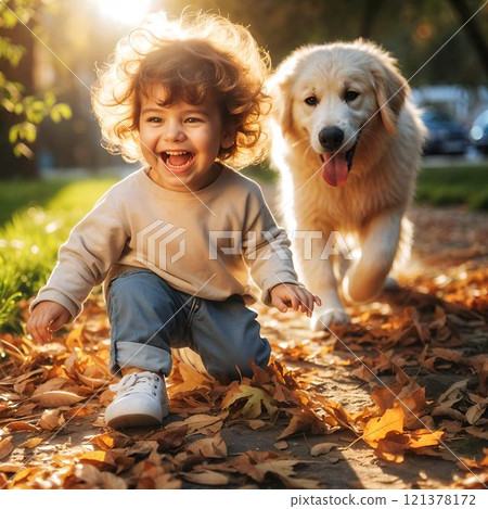 A beautiful little boy smiles in the rays of the sun, walks with his dog in the autumn park A beautiful little boy smiles in the rays of the sun, walks with his dog in the autumn park 121378172