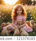 A beautiful little girl is sitting in the sun next to a lot of cute puppies 121378183