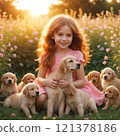 A beautiful little girl is sitting in the sun next to a lot of cute puppies 121378186