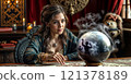 A young beautiful fortune teller is sitting in front of a fortune telling ball, guessing, predicting fate 121378189