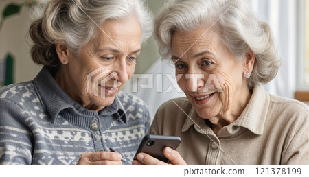 Two elderly women are learning how to use a mobile phone Two elderly women are learning how to use a mobile phone 121378199