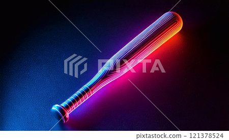 Glowing neon baseball bat casts vibrant colors in a dark setting, creating an eye-catching effect 121378524
