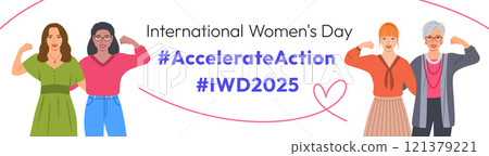 Accelerate Action campaign pose. International Women's Day 2025 theme banner with slogan. Different women demonstrate strong arm to show solidarity and support for women's rights, gender equality. Accelerate Action campaign pose. International Women's Day 2025 theme banner with slogan. Different women demonstrate strong arm to show solidarity and support for women's rights, gender equality. 121379221