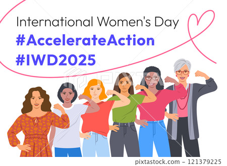 Accelerate Action campaign pose. International Women's Day 2025. Diverse women show solidarity and support to stop discrimination. Collective global activism for women's rights and gender equality 121379225