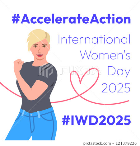 Accelerate Action campaign pose. International Women's Day 2025 theme. Young woman demonstrates a strong arm to show solidarity and support for women's rights and gender equality. Square banner Accelerate Action campaign pose. International Women's Day 2025 theme. Young woman demonstrates a strong arm to show solidarity and support for women's rights and gender equality. Square banner 121379226
