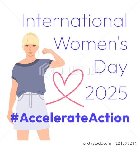 Accelerate Action campaign pose. International Women's Day 2025 theme. Young woman demonstrates a strong arm to show solidarity and support for women's rights and gender equality. Square banner Accelerate Action campaign pose. International Women's Day 2025 theme. Young woman demonstrates a strong arm to show solidarity and support for women's rights and gender equality. Square banner 121379284