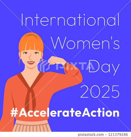 Accelerate Action campaign pose. International Women's Day 2025 theme. Beautiful girl demonstrates a strong arm to show solidarity and support for women's rights and gender equality. Square banner Accelerate Action campaign pose. International Women's Day 2025 theme. Beautiful girl demonstrates a strong arm to show solidarity and support for women's rights and gender equality. Square banner 121379286