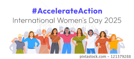 Accelerate Action campaign pose. International Women's Day 2025. Diverse women show solidarity and support to stop discrimination. Collective global activism for women's rights and gender equality Accelerate Action campaign pose. International Women's Day 2025. Diverse women show solidarity and support to stop discrimination. Collective global activism for women's rights and gender equality 121379288