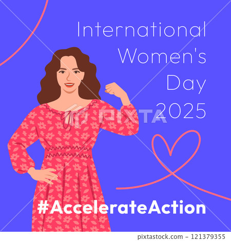 Accelerate Action campaign pose. International Women's Day 2025 theme. Beautiful woman demonstrates a strong arm to show solidarity and support for women's rights and gender equality. Square banner Accelerate Action campaign pose. International Women's Day 2025 theme. Beautiful woman demonstrates a strong arm to show solidarity and support for women's rights and gender equality. Square banner 121379355