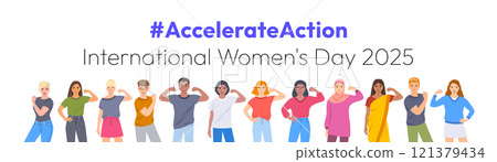 Accelerate Action campaign pose. International Women's Day 2025. Diverse women, men show solidarity and support to stop discrimination. Collective global activism for women's rights, gender equality Accelerate Action campaign pose. International Women's Day 2025. Diverse women, men show solidarity and support to stop discrimination. Collective global activism for women's rights, gender equality 121379434