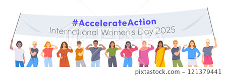 Accelerate Action campaign. International Women's Day 2025. Women and men of different ethnicities holding a banner with slogan to show solidarity and support for women's rights and gender equality Accelerate Action campaign. International Women's Day 2025. Women and men of different ethnicities holding a banner with slogan to show solidarity and support for women's rights and gender equality 121379441