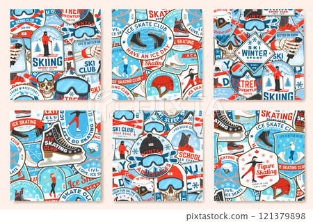 Ice Skate club and ski winter sport club seamless pattern design. Background, wallpaper, seamless pattern with ski pole, skis, ski glasses, skate, skates blades and helmet. Winter sport. Vector Ice Skate club and ski winter sport club seamless pattern design. Background, wallpaper, seamless pattern with ski pole, skis, ski glasses, skate, skates blades and helmet. Winter sport. Vector 121379898