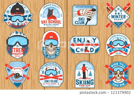 Set of ski winter sport retro patches. Vector. Concept for shirt, print, seal or stamp with ski glasses, skull, skeleton hand holding ski pole. Family vacation, activity or travel. For logo design Set of ski winter sport retro patches. Vector. Concept for shirt, print, seal or stamp with ski glasses, skull, skeleton hand holding ski pole. Family vacation, activity or travel. For logo design 121379902