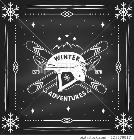 Winter adventures. Vector ski club flyer, poster, banner on the chalkboard. Concept for shirt, print, seal or stamp with skis, ski poles, helmet. Family vacation, activity or travel. For logo design 121379917