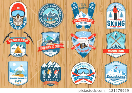 Set of ski and Snowboard Club sport retro badge, textile patch. Vector shirt, print, seal or stamp with ski glasses, skeleton, winter sport hat, skate, helmet, snowboarder and mountain. 121379939
