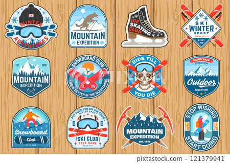Set of ski and Snowboard Club sport retro badge, textile patch. Vector shirt, print, seal or stamp with ski glasses, skeleton, winter sport hat, skate, helmet, snowboarder and mountain. Set of ski and Snowboard Club sport retro badge, textile patch. Vector shirt, print, seal or stamp with ski glasses, skeleton, winter sport hat, skate, helmet, snowboarder and mountain. 121379941