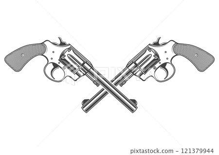 Crossed revolvers monochrome icon. Vector illustration. Design element for label, badge, emblem, sign. Template for western or gangster retro designs. Crossed revolvers monochrome icon. Vector illustration. Design element for label, badge, emblem, sign. Template for western or gangster retro designs. 121379944
