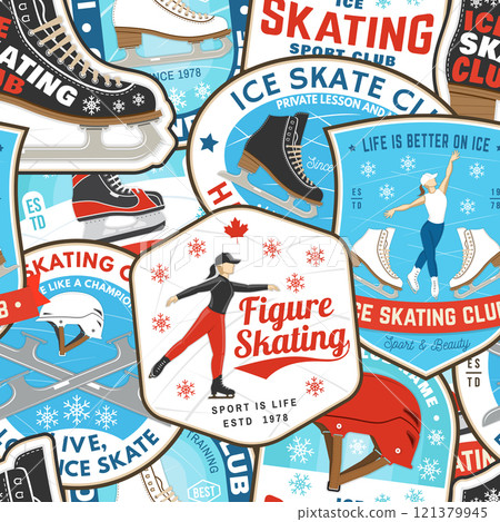 Ice Skate club seamless pattern design. Background, wallpaper, seamless pattern with skate, skates blades and helmet . Winter sport. Vector illustration. Ice Skate club seamless pattern design. Background, wallpaper, seamless pattern with skate, skates blades and helmet . Winter sport. Vector illustration. 121379945