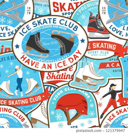 Ice Skate club seamless pattern design. Background, wallpaper, seamless pattern with skate, skates blades and helmet . Winter sport. Vector illustration. 121379947