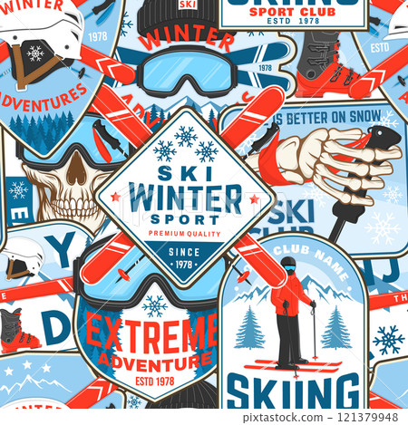 Ski winter sport club retro seamless pattern. Background, wallpaper, seamless pattern with ski pole, skis, ski glasses and helmet. Vector illustration Ski winter sport club retro seamless pattern. Background, wallpaper, seamless pattern with ski pole, skis, ski glasses and helmet. Vector illustration 121379948