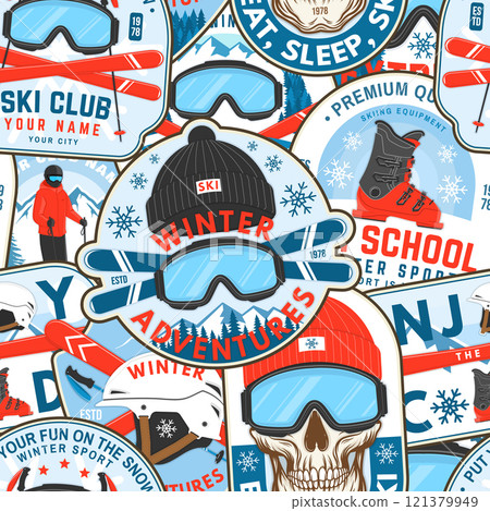 Ski winter sport club retro seamless pattern. Background, wallpaper, seamless pattern with ski pole, skis, ski glasses and helmet. Vector illustration Ski winter sport club retro seamless pattern. Background, wallpaper, seamless pattern with ski pole, skis, ski glasses and helmet. Vector illustration 121379949