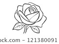 A black and white line drawing of a rose with leaves 121380091