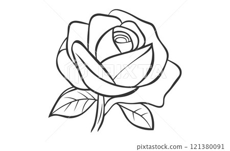 A black and white line drawing of a rose with leaves A black and white line drawing of a rose with leaves 121380091