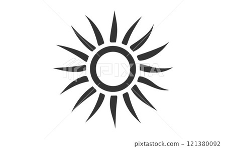 A stylized sun with sharp rays radiating from a central circle A stylized sun with sharp rays radiating from a central circle 121380092