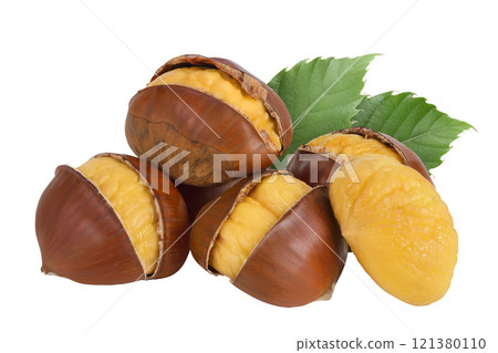 roasted peeled chestnut isolated on white background wit full depth of field. 121380110