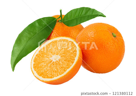 Orange fruit with half isolated on white background with full depth of field 121380112