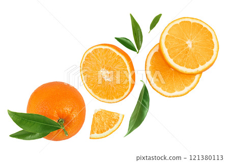 Orange fruit slices isolated on white background. Top view. Flat lay. 121380113