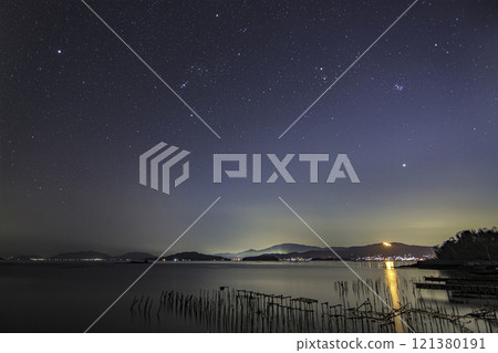 Spring starry scenery in Setouchi: Orion and Taurus in the western sky 121380191