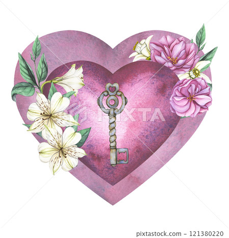 Pink watercolor heart with a key and flowers. Hand Drawn Floral romantic card for Valentine's Day greetings. Floral decoration for Woman day and Mother's Day Pink watercolor heart with a key and flowers. Hand Drawn Floral romantic card for Valentine's Day greetings. Floral decoration for Woman day and Mother's Day 121380220