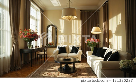 Cozy living room with elegant decor and natural light 121380287