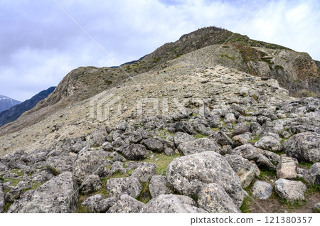 rocky path up the mountain. view of a rocky ground on alpine level in the mountains. 121380357