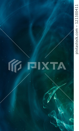 Paint splash water. Mist vortex. Defocused blue color glowing steam texture ink floating mix whirl rotation on dark abstract art background. 121380411