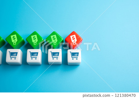 Red price tag above the last shopping cart. Concept of rising prices for food and shopping. High inflation. Falling purchasing power. Red price tag above the last shopping cart. Concept of rising prices for food and shopping. High inflation. Falling purchasing power. 121380470