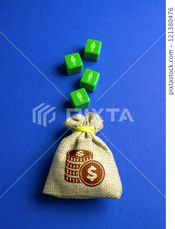Figures of people falling into a bag of money. The concept of hiring workers and getting a share of profit from their work. Business and Commerce. Human resources. Investments, investors. Customers Figures of people falling into a bag of money. The concept of hiring workers and getting a share of profit from their work. Business and Commerce. Human resources. Investments, investors. Customers 121380476
