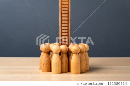 A crowd of people and a ladder going up. The concept of social lift. Career growth. Education and improvement. Development of skills. 121380514