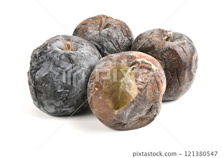 Mummified rotten apples. Rotten apples on white. Spoiled apples crop. 121380547